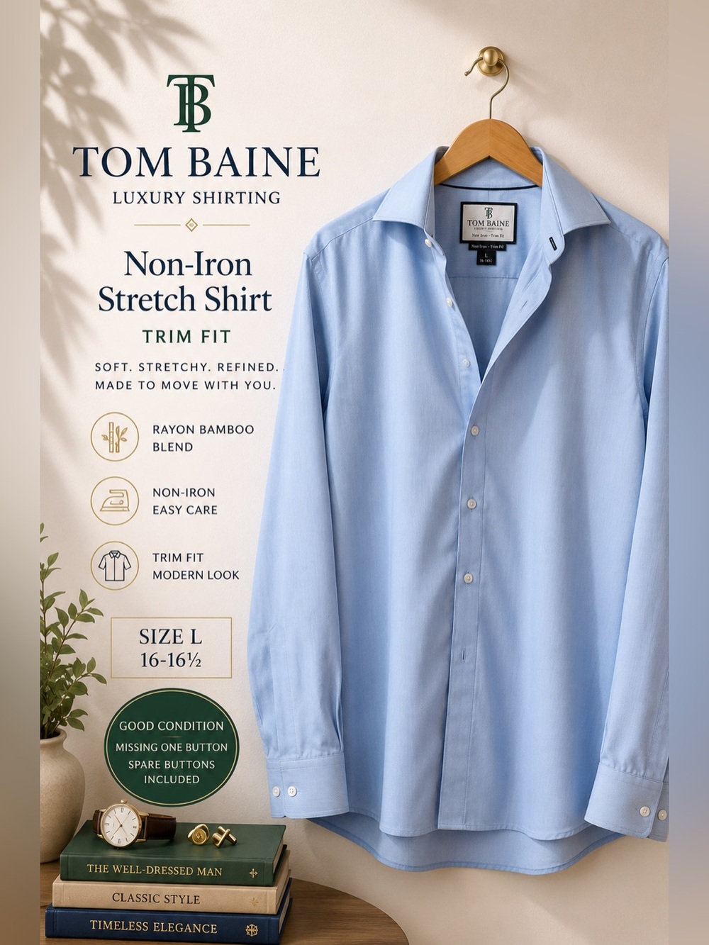 Tom Baine Luxury Shirting Non-Iron Trim Fit Stretch Dress Shirt Blue L 16–16½